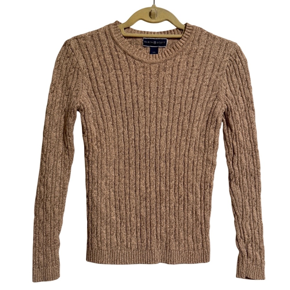 Karen Scott Womens XS Tan Cable Knit Cotton Sweater Crew Neck Long Sleeve Marl